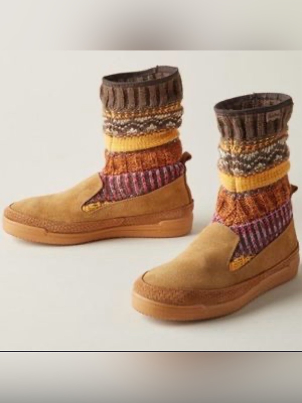 Toni Pons Handcrafted Fireside Song Tan Suede Booties with Multicolor Knit